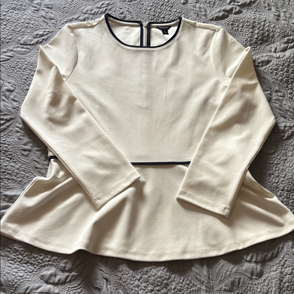 Ann Taylor Peplum Top Medium Cream Black Piping Long Sleeve Career Chic - Picture 7 of 13